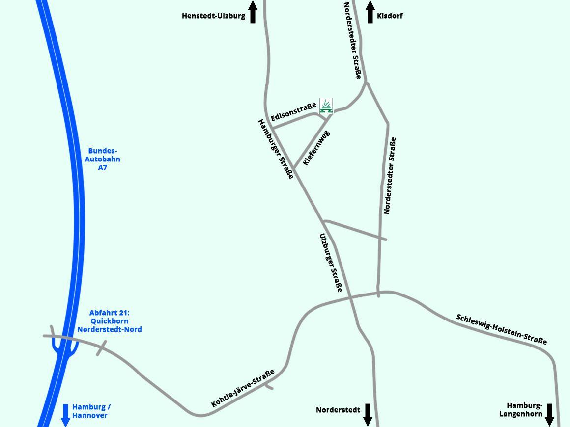 Anfahrt zur Tischlermeister Karsten Diedrichs GmbH, Kiefernweg 7, Henstedt-Ulzburg, Kreis Segeberg, Schleswig-Holstein
