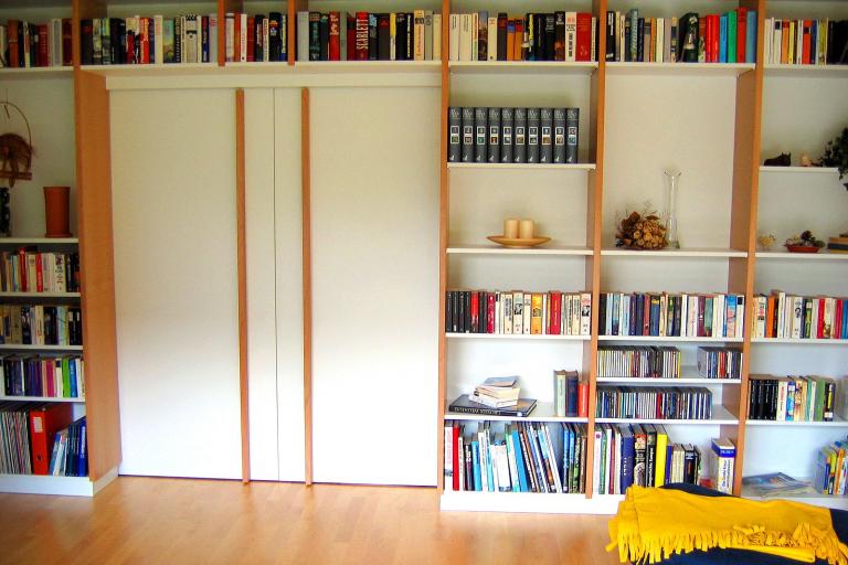 Wohnzimmerwand aus Regalen mit integrierter Doppel-Schiebetür