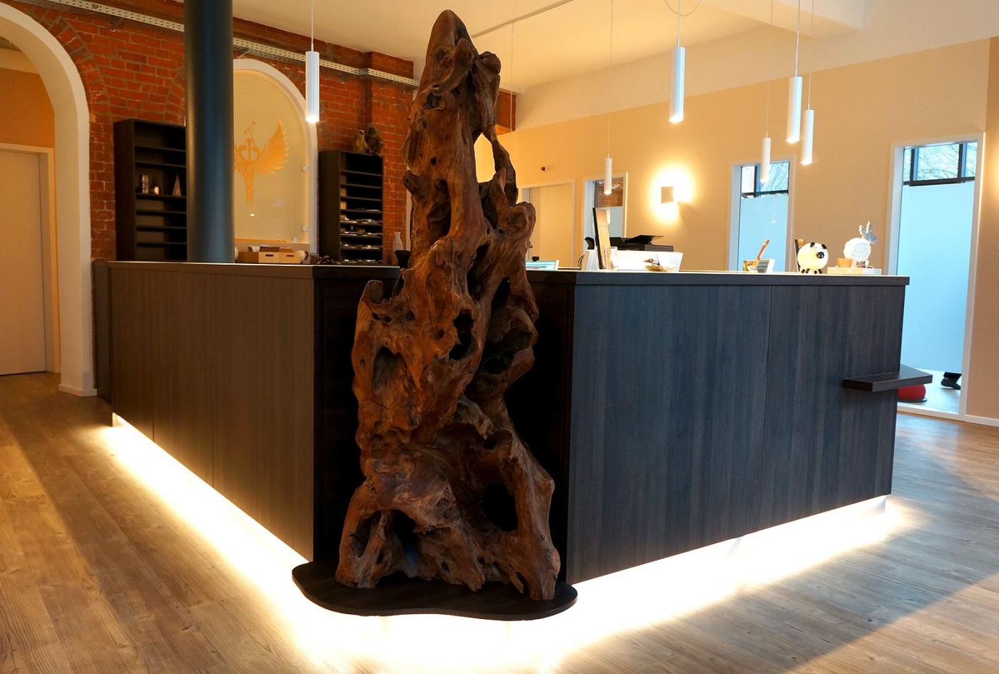 LED-beleuchteter Empfangstresen einer Praxis mit repräsentativem Kunsthandwerk